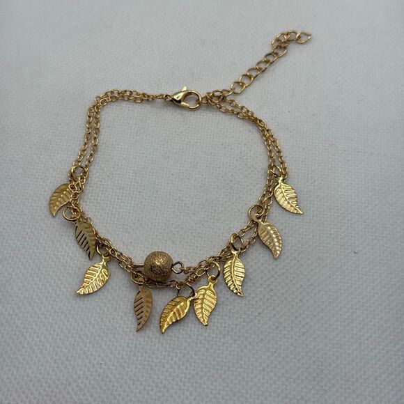 Brand New!! Double chain bracelet, anklet with leaf charms and textured disco ba - Picture 1 of 3